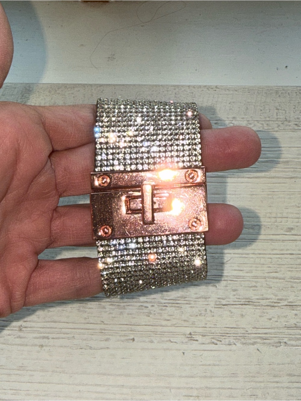 Sparkling Crystal Wide Cuff Bracelet in Silver with Rose Gold Clasp